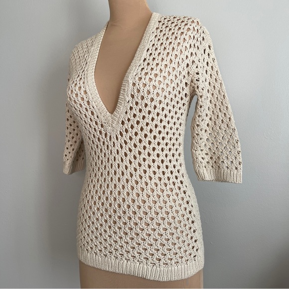 Beige Crochet V-Neck Sweater 3/4 Sleeves Beachwear Resort Layer Coastal Grandma - Picture 2 of 11